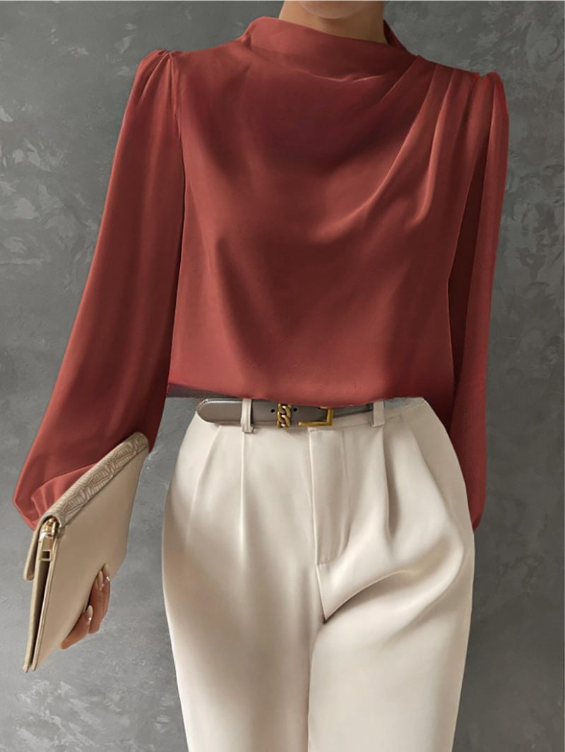 Blouse femme drapée à col montant