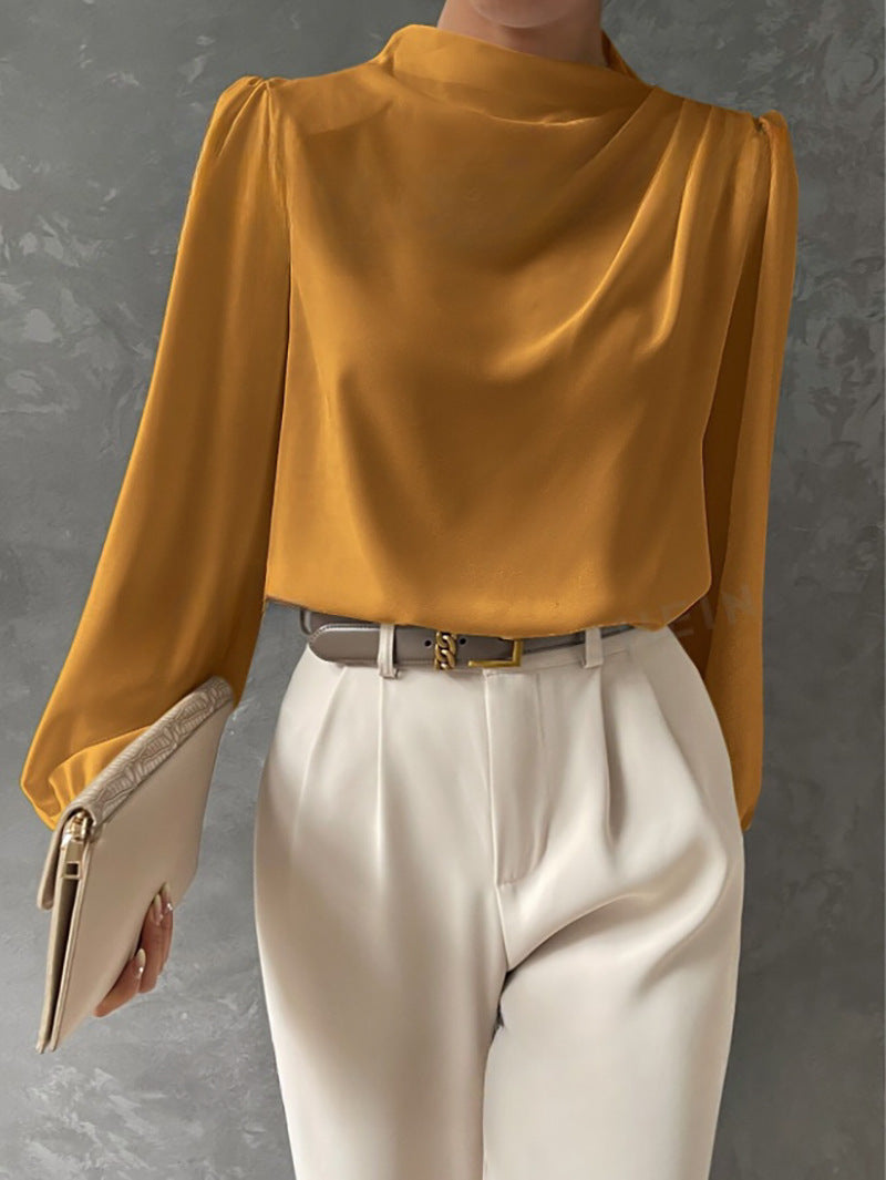Blouse femme drapée à col montant