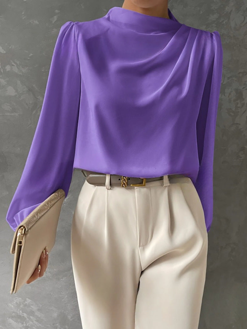 Blouse femme drapée à col montant