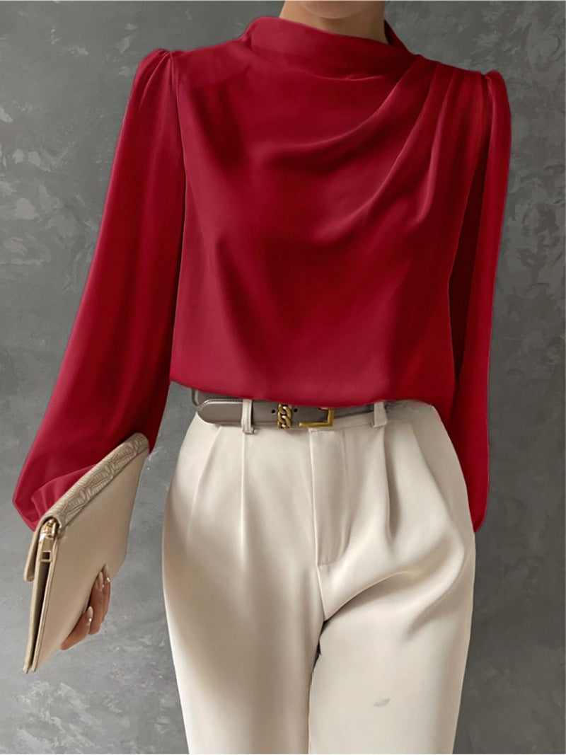 Blouse femme drapée à col montant