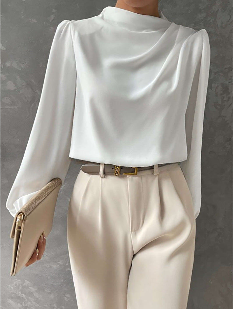 Blouse femme drapée à col montant