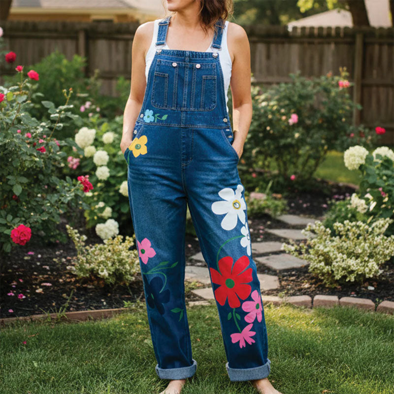 Salopette di jeans da donna con stampa floreale