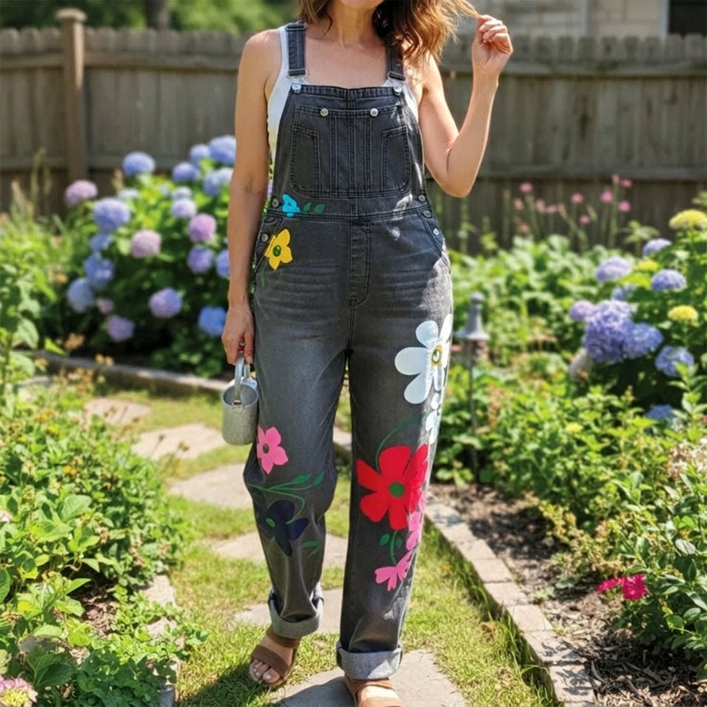 Damen-Latzhose aus Denim mit Blumenmuster