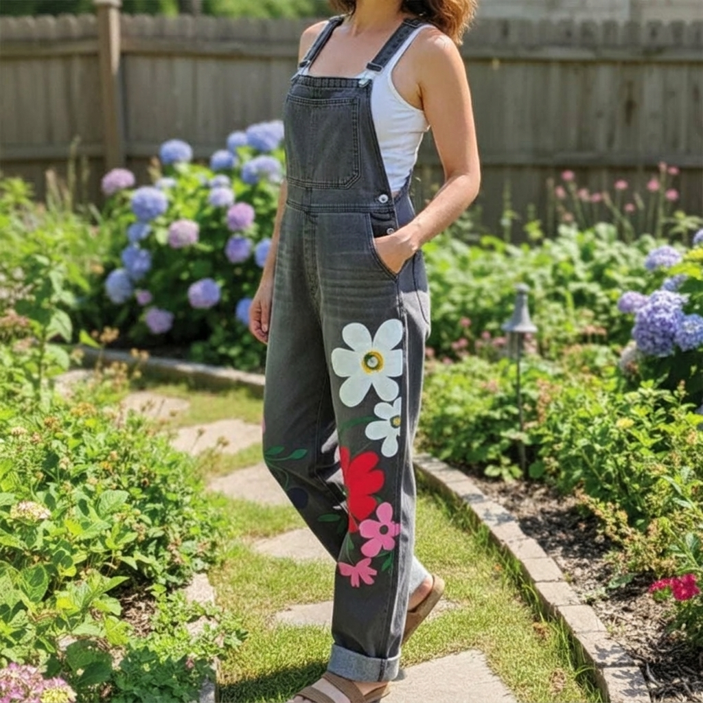 Salopette di jeans da donna con stampa floreale