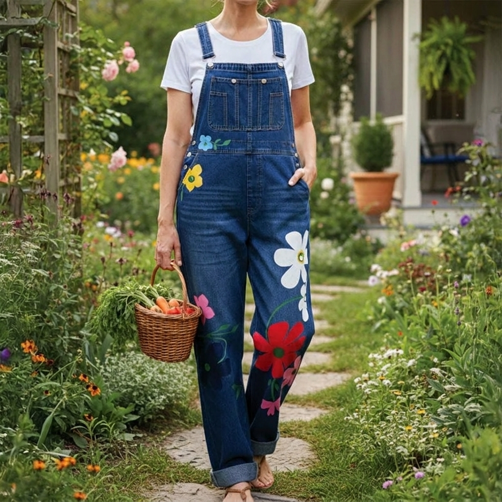 Salopette di jeans da donna con stampa floreale