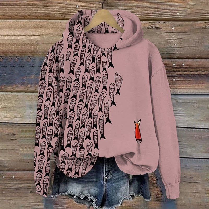 Sweat-shirt à capuche pour femme avec imprimé poisson et design asymétrique