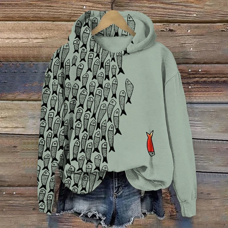Sweat-shirt à capuche pour femme avec imprimé poisson et design asymétrique