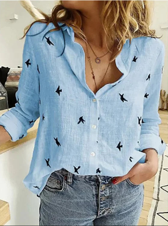 Chemisier boutonné pour femme à imprimé oiseaux