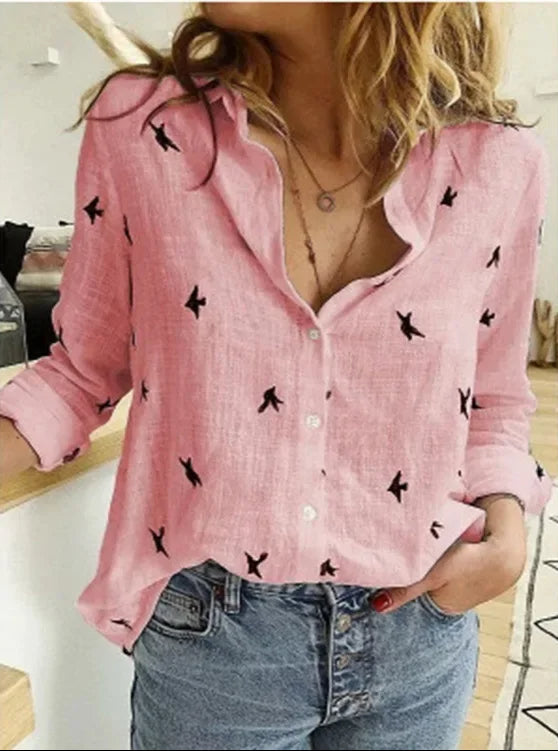 Chemisier boutonné pour femme à imprimé oiseaux