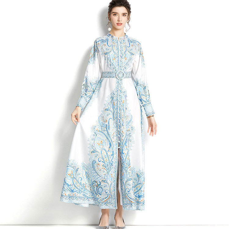 Women's Belted Paisley Print Maxi Dress