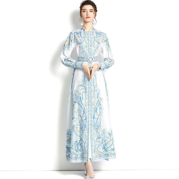 Women's Belted Paisley Print Maxi Dress