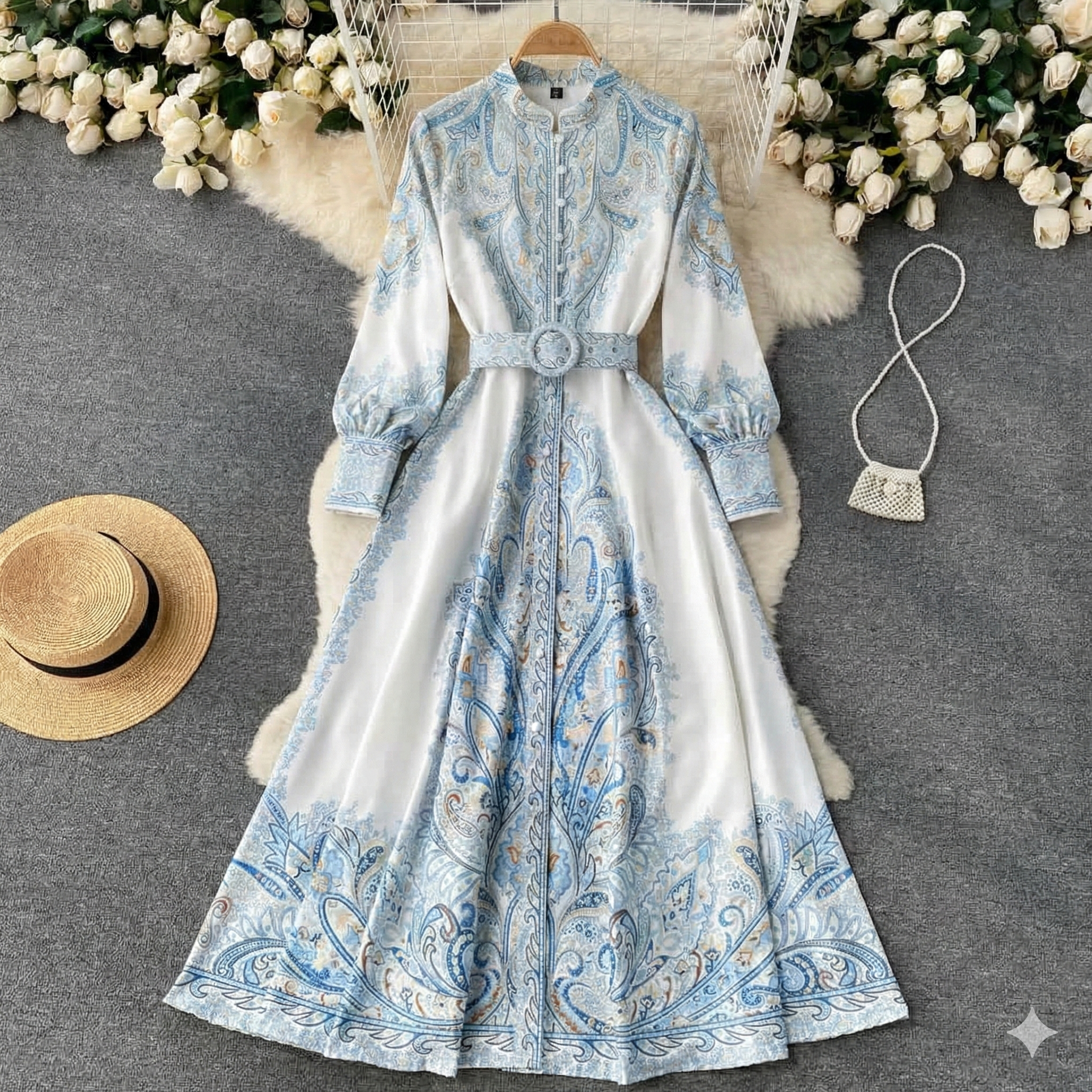 Women's Belted Paisley Print Maxi Dress