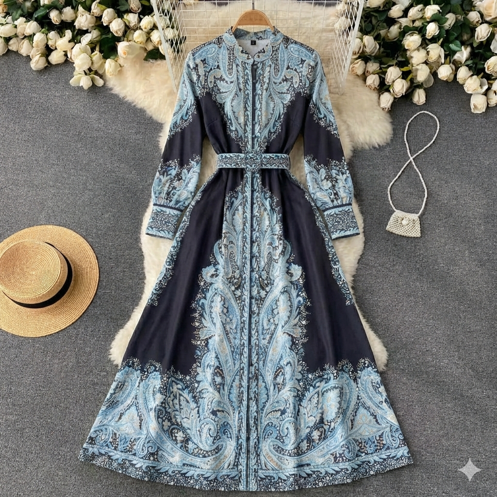 Women's Belted Paisley Print Maxi Dress