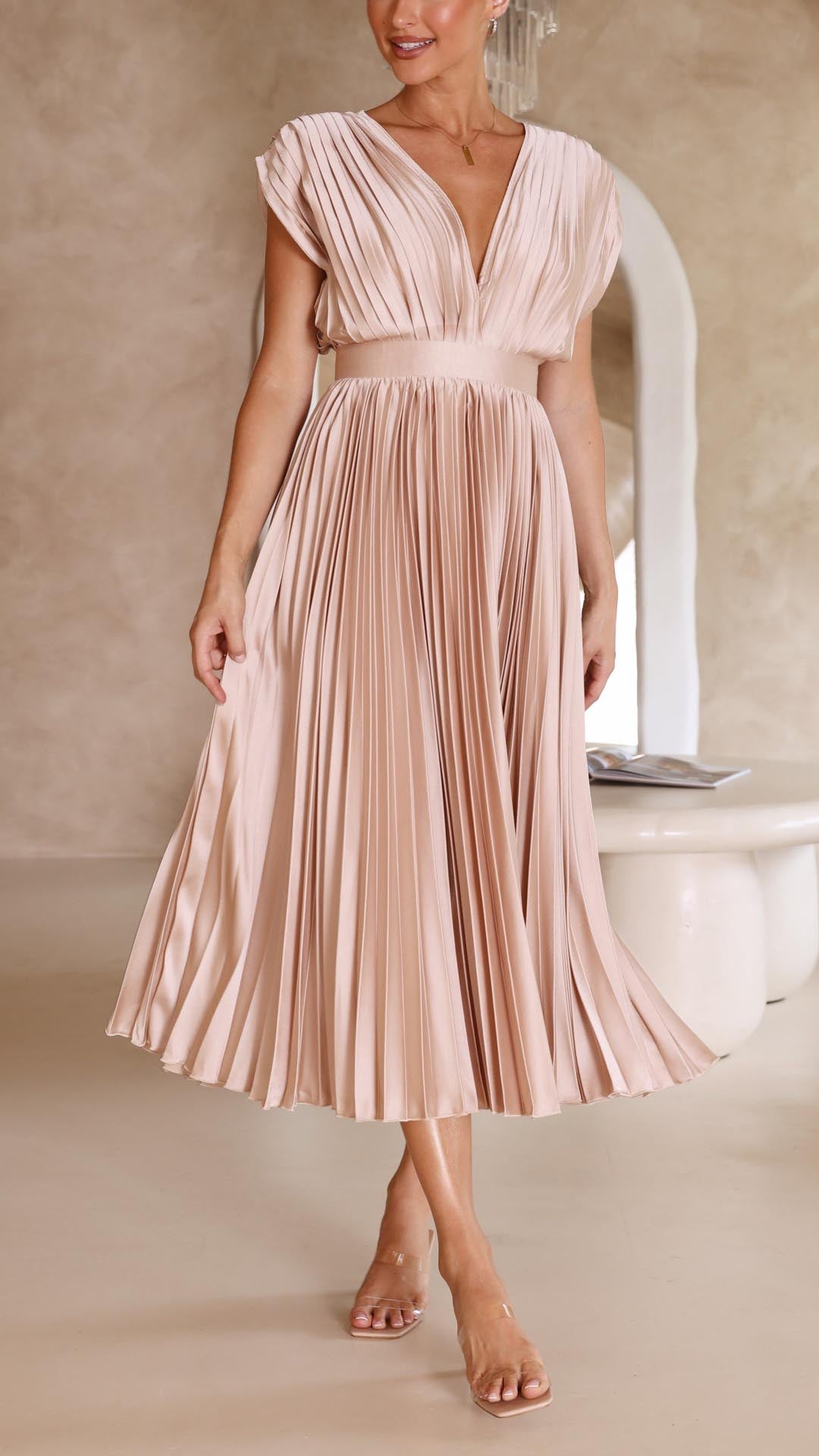 Damernas eleganta plisserade midi-klänning med V-ringning och ärmlös cap sleeve