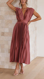 Women's Elegant Pleated V-Neck Cap Sleeve Midi Dress