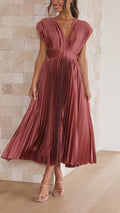 Women's Elegant Pleated V-Neck Cap Sleeve Midi Dress