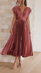 Women's Elegant Pleated V-Neck Cap Sleeve Midi Dress