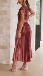 Women's Elegant Pleated V-Neck Cap Sleeve Midi Dress