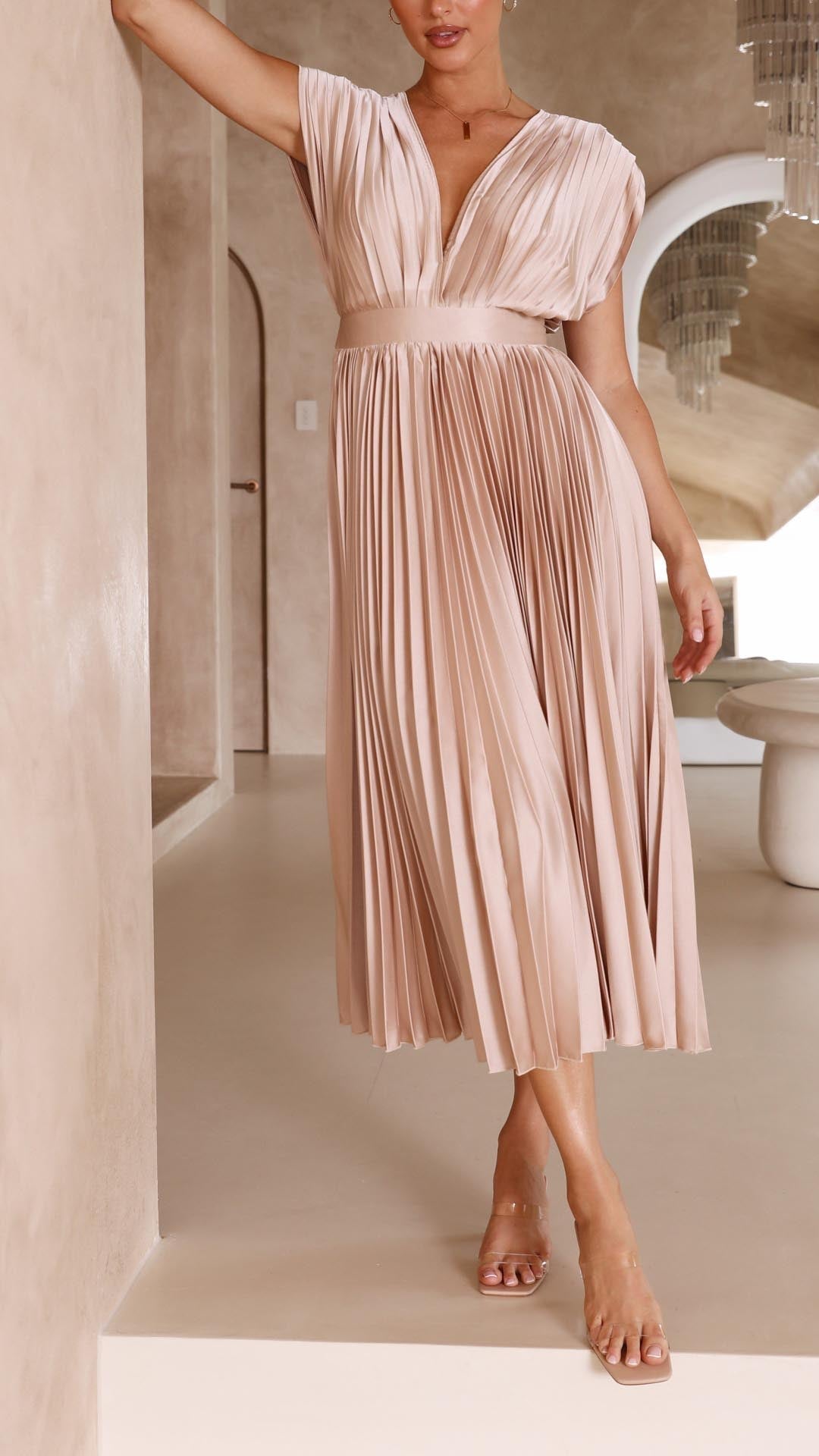 Women's Elegant Pleated V-Neck Cap Sleeve Midi Dress