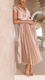Women's Elegant Pleated V-Neck Cap Sleeve Midi Dress
