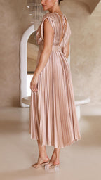 Women's Elegant Pleated V-Neck Cap Sleeve Midi Dress