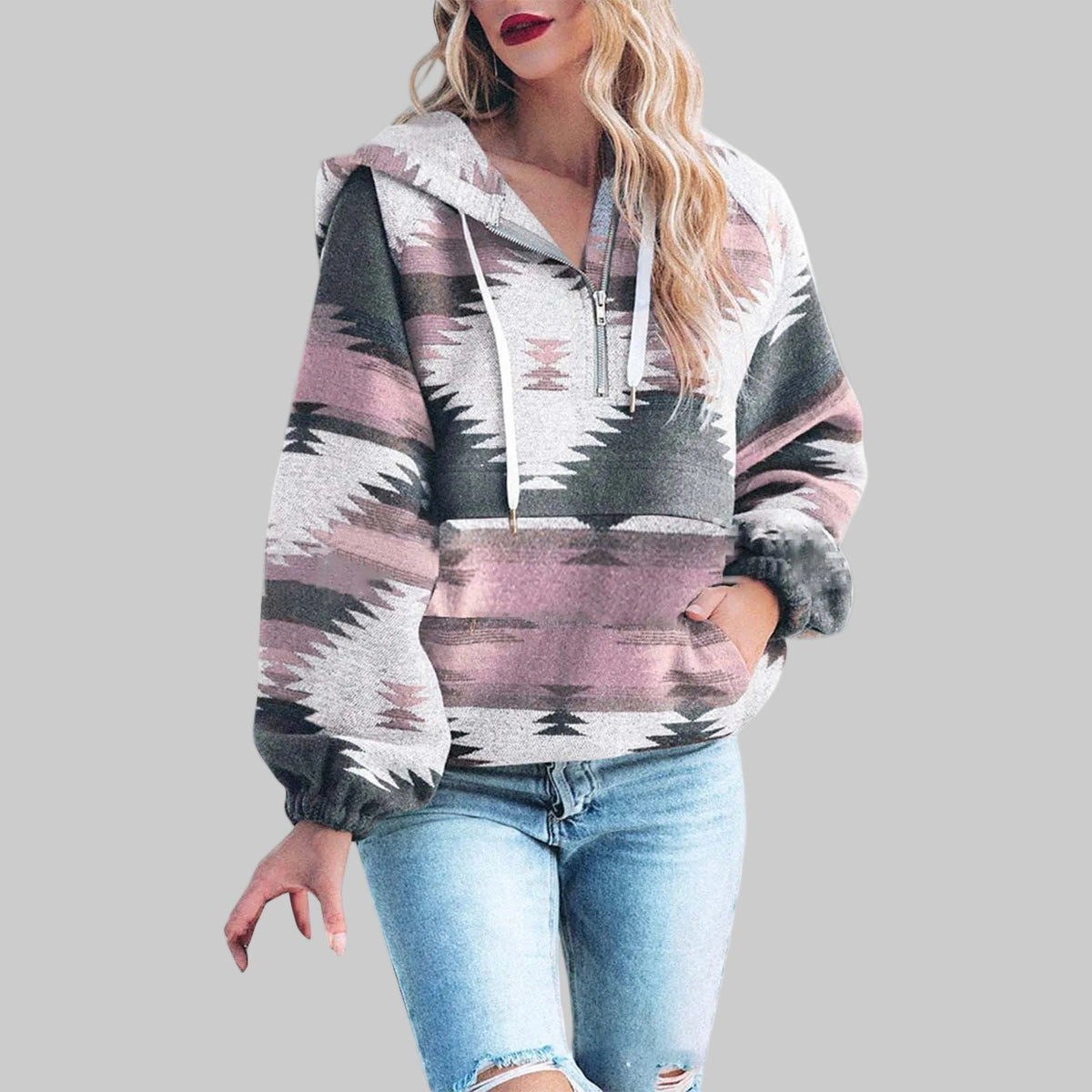 Sweat à capuche pour femme à imprimé géométrique, fermeture éclair quart de zip et poche kangourou