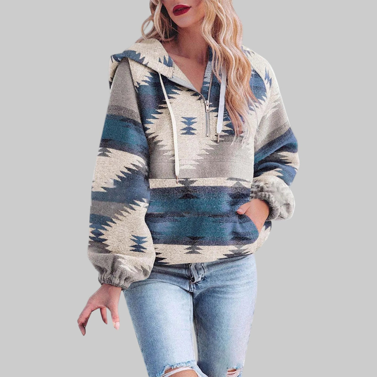 Sweat à capuche pour femme à imprimé géométrique, fermeture éclair quart de zip et poche kangourou