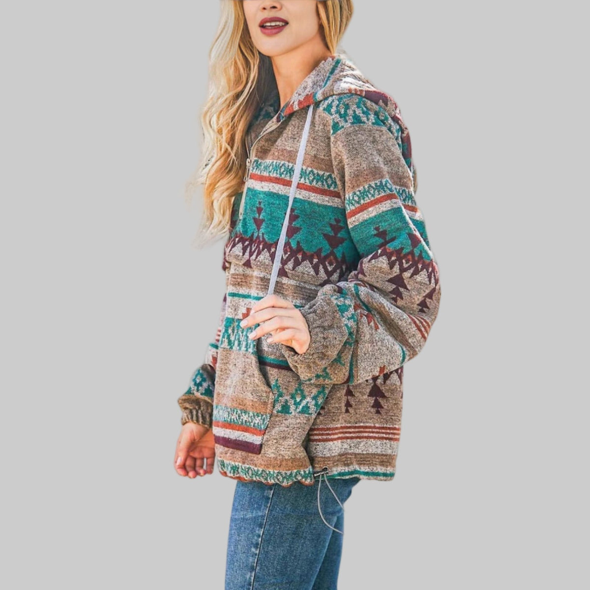 Sweat à capuche pour femme à imprimé géométrique, fermeture éclair quart de zip et poche kangourou