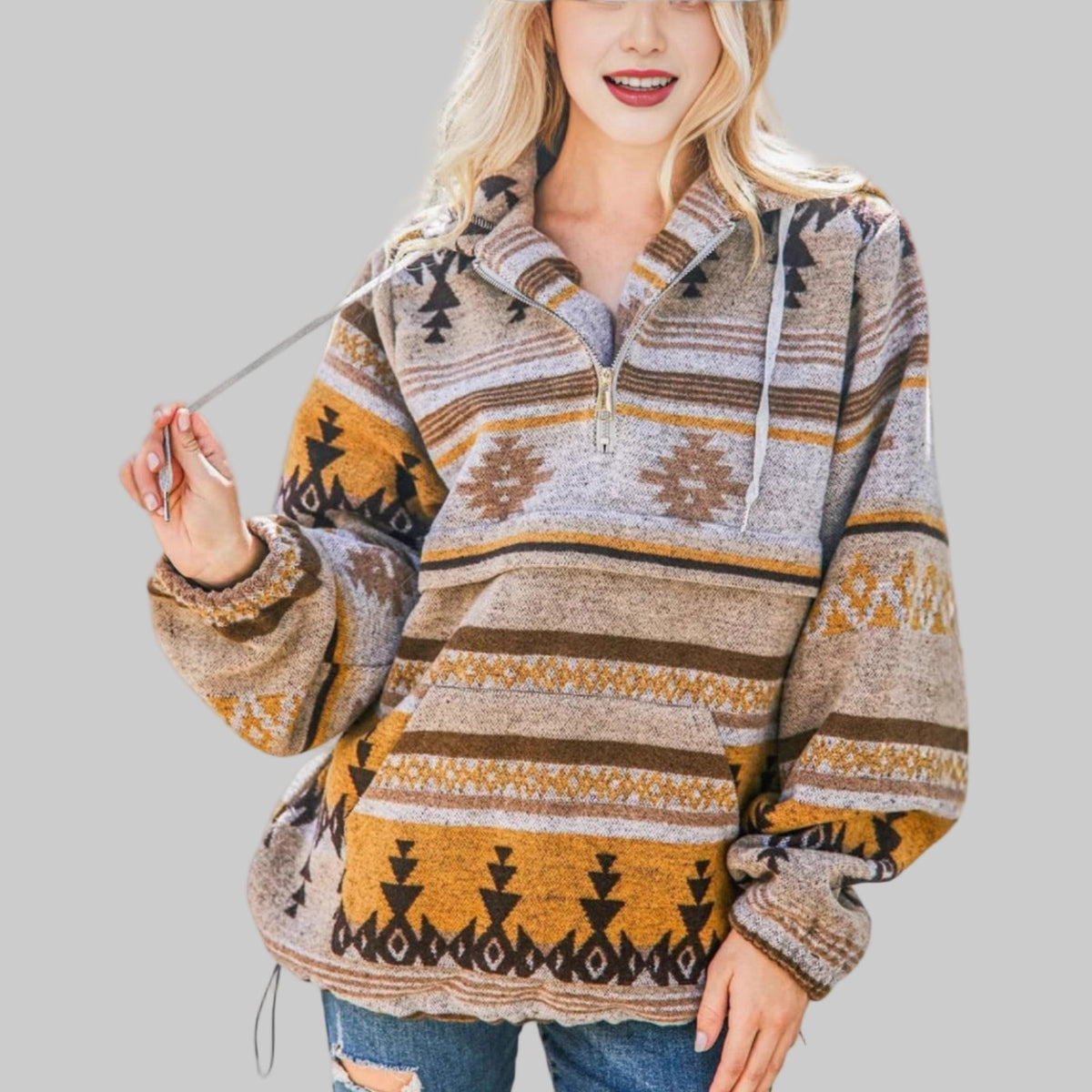 Sweat à capuche pour femme à imprimé géométrique, fermeture éclair quart de zip et poche kangourou