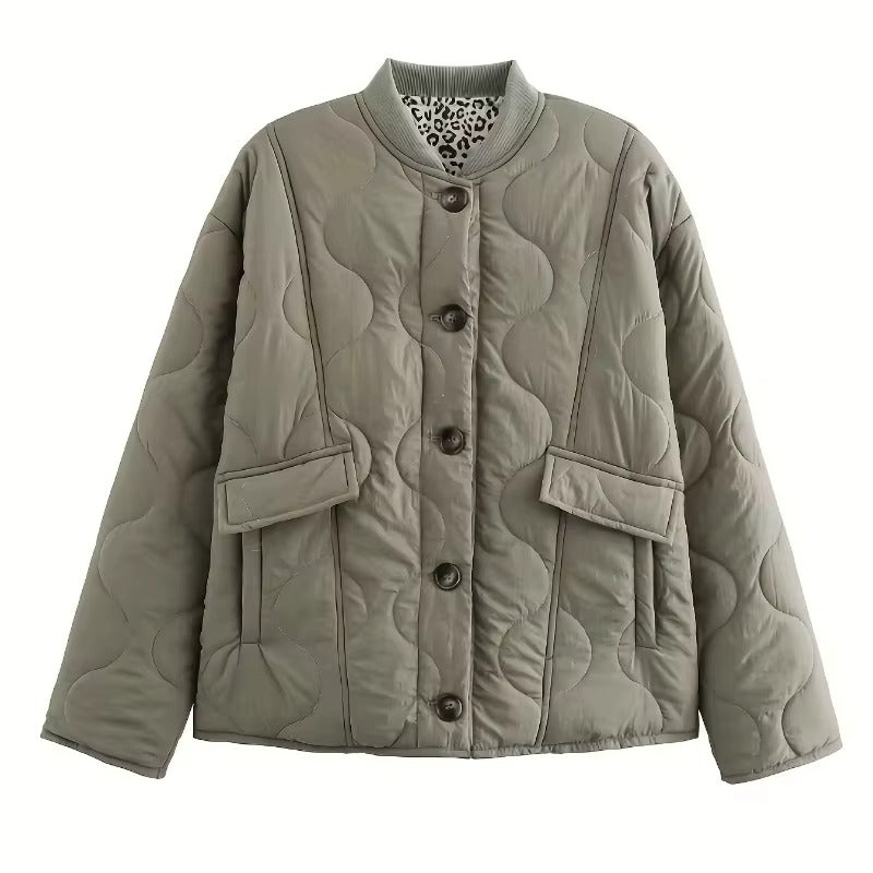 Veste matelassée pour femme avec poignets à imprimé léopard et fermeture boutonnée