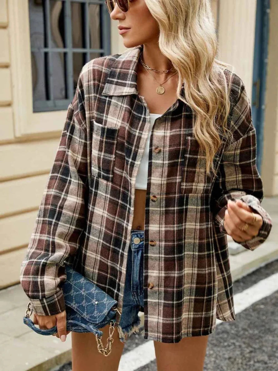 Women's Plaid Button Front Oversized Shirt Jacket