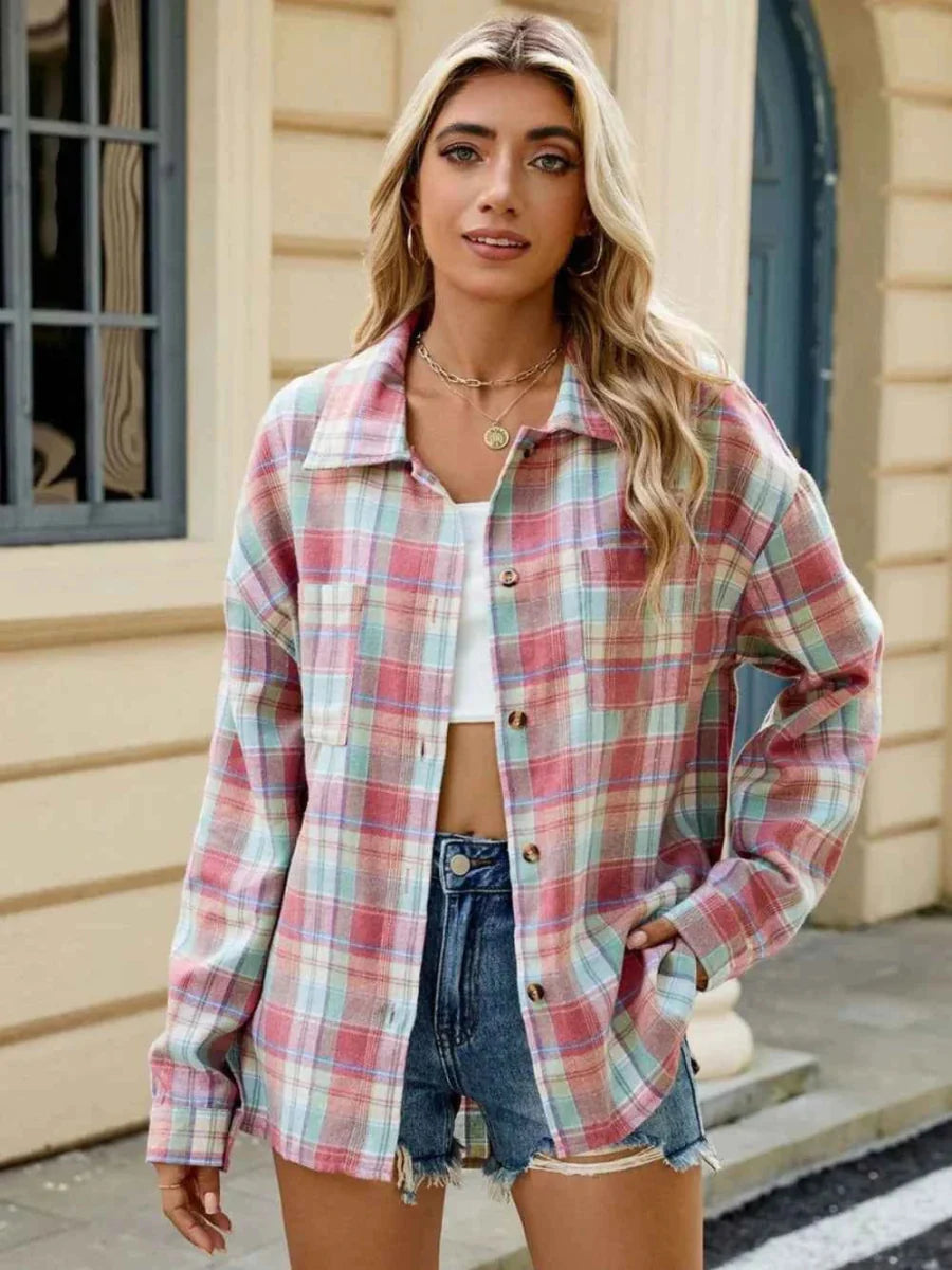 Women's Plaid Button Front Oversized Shirt Jacket