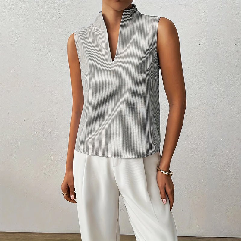 Blusa de mujer a rayas, sin mangas y con cuello mao