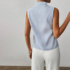 Blusa de mujer a rayas, sin mangas y con cuello mao