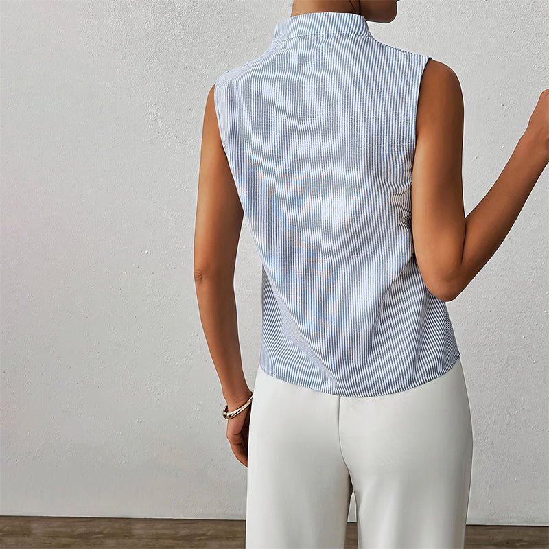Blusa de mujer a rayas, sin mangas y con cuello mao