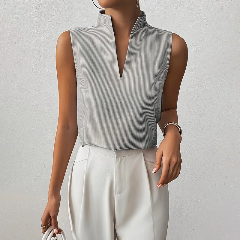 Blusa de mujer a rayas, sin mangas y con cuello mao