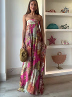 Damen Maxikleid ohne Träger mit fließendem Blumenmuster