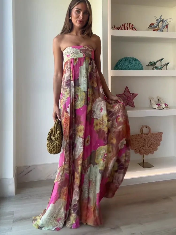 Damen Maxikleid ohne Träger mit fließendem Blumenmuster