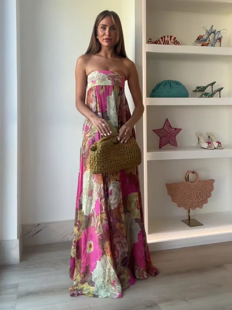 Damen Maxikleid ohne Träger mit fließendem Blumenmuster