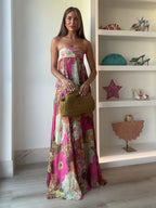 Damen Maxikleid ohne Träger mit fließendem Blumenmuster