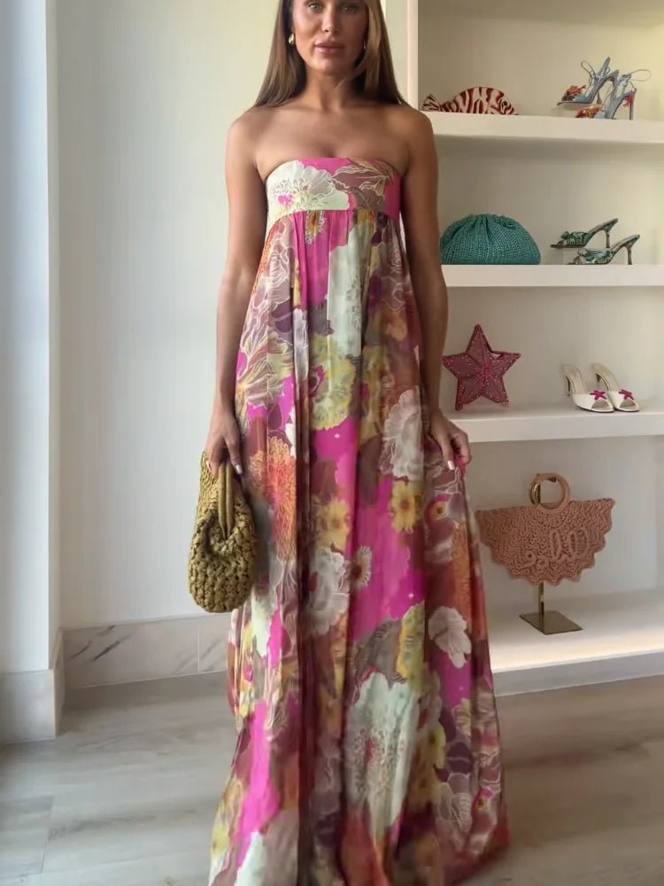 Damen Maxikleid ohne Träger mit fließendem Blumenmuster