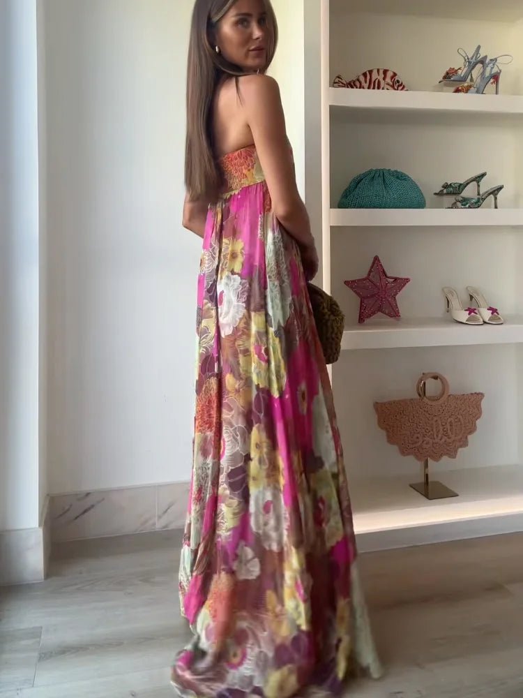 Damen Maxikleid ohne Träger mit fließendem Blumenmuster
