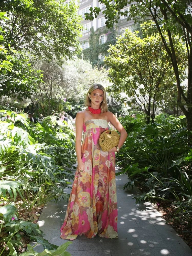 Damen Maxikleid ohne Träger mit fließendem Blumenmuster
