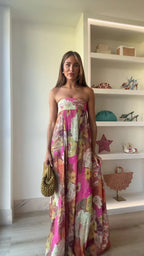 Damen Maxikleid ohne Träger mit fließendem Blumenmuster
