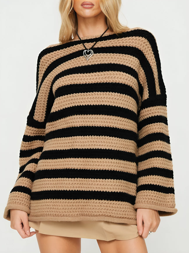 Pull femme en grosse maille rayée à coupe décontractée