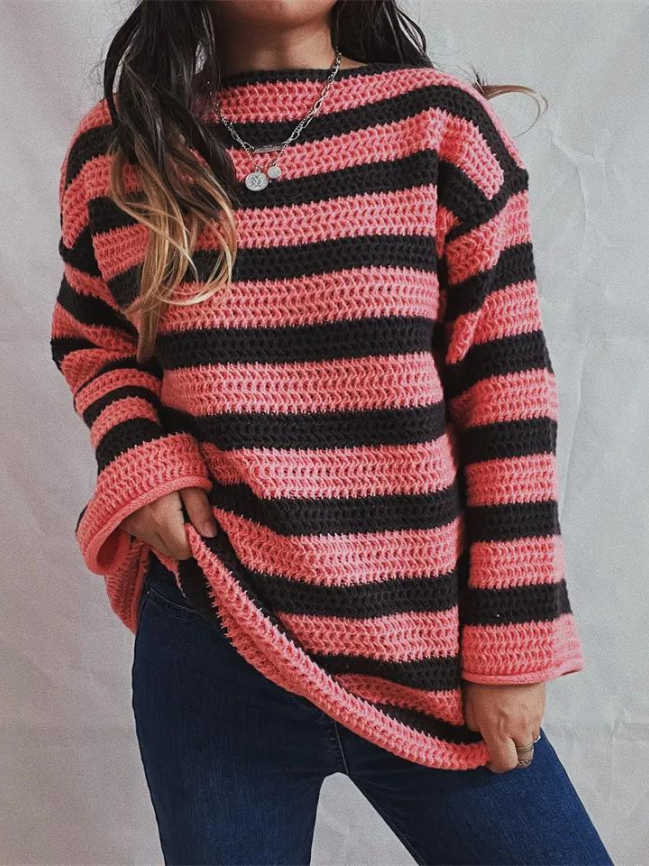 Pull femme en grosse maille rayée à coupe décontractée
