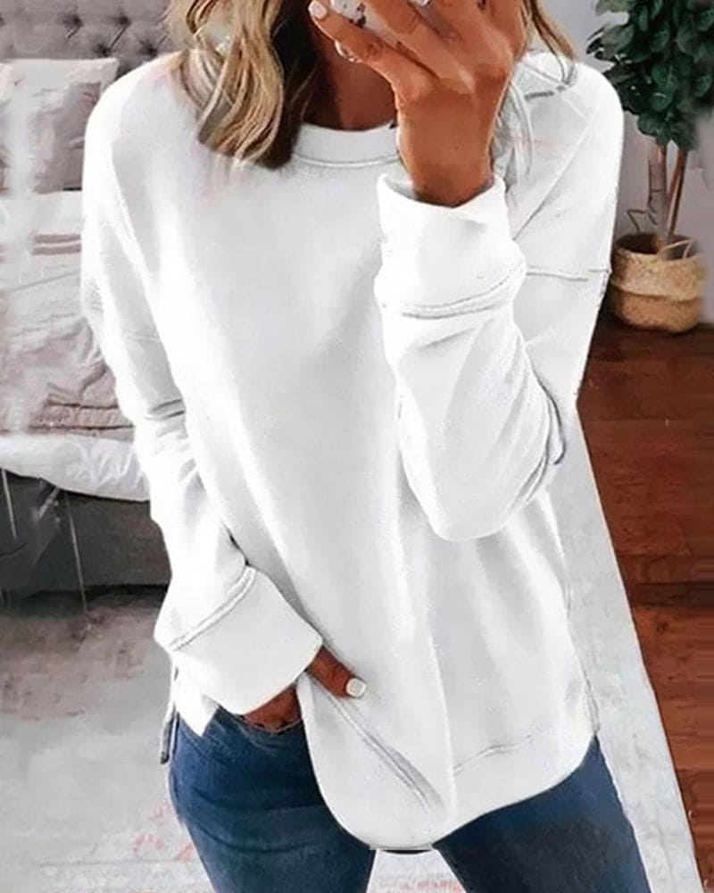 Sweat-shirt décontracté pour femme à col rond avec poignets côtelés