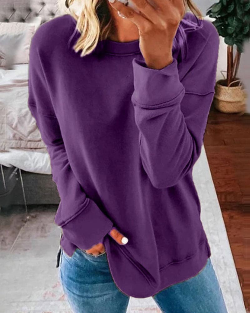 Sweat-shirt décontracté pour femme à col rond avec poignets côtelés