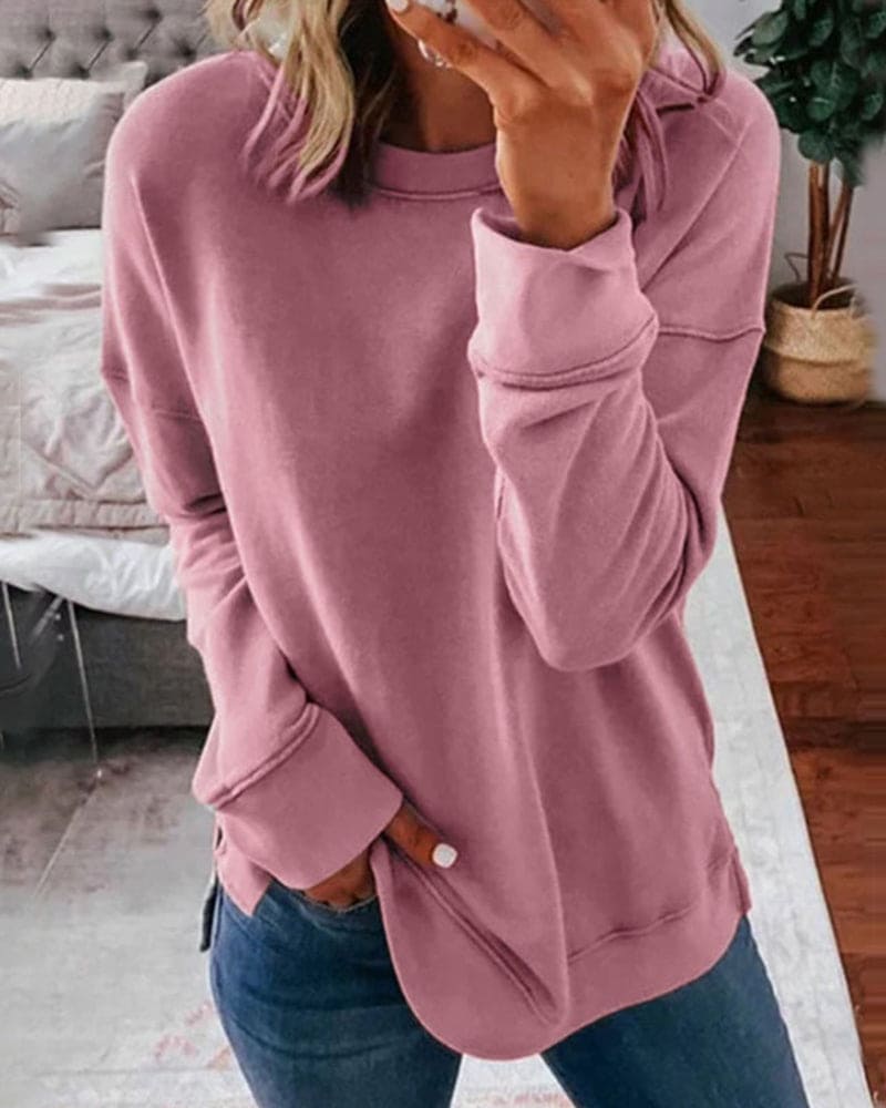 Sweat-shirt décontracté pour femme à col rond avec poignets côtelés