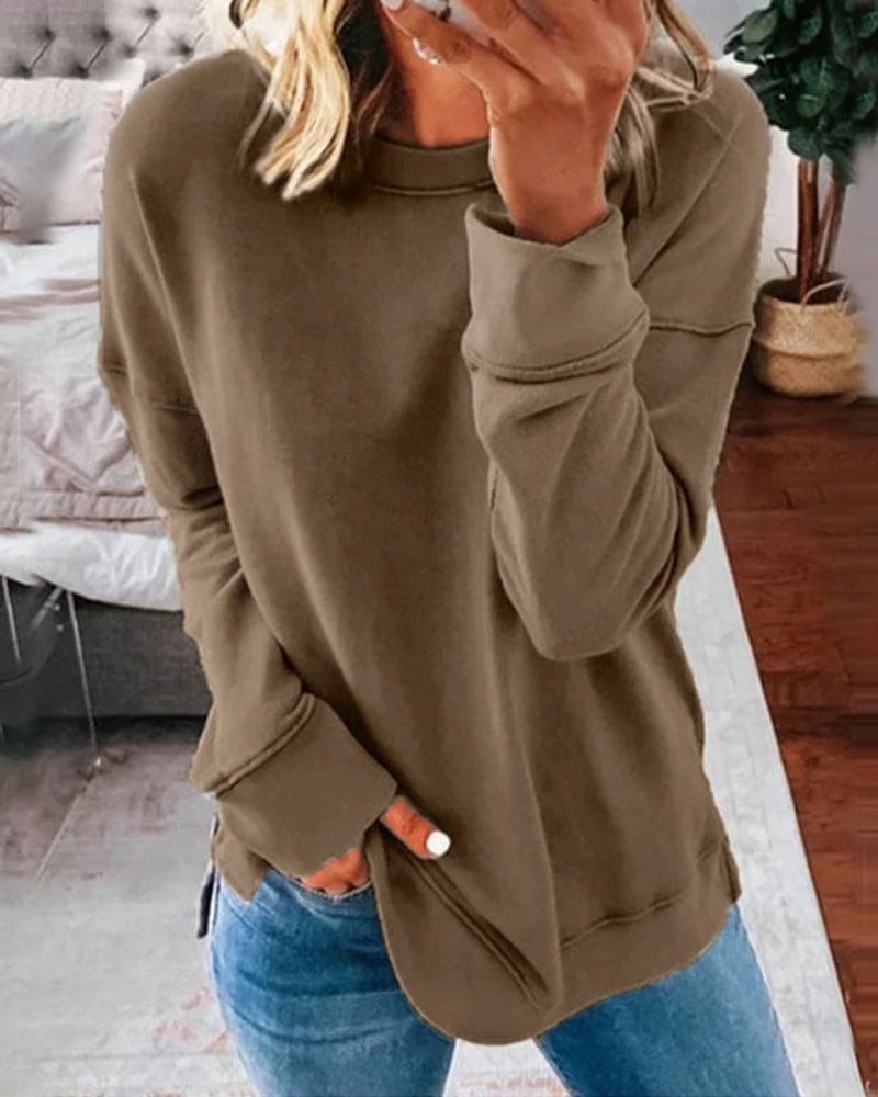 Sweat-shirt décontracté pour femme à col rond avec poignets côtelés